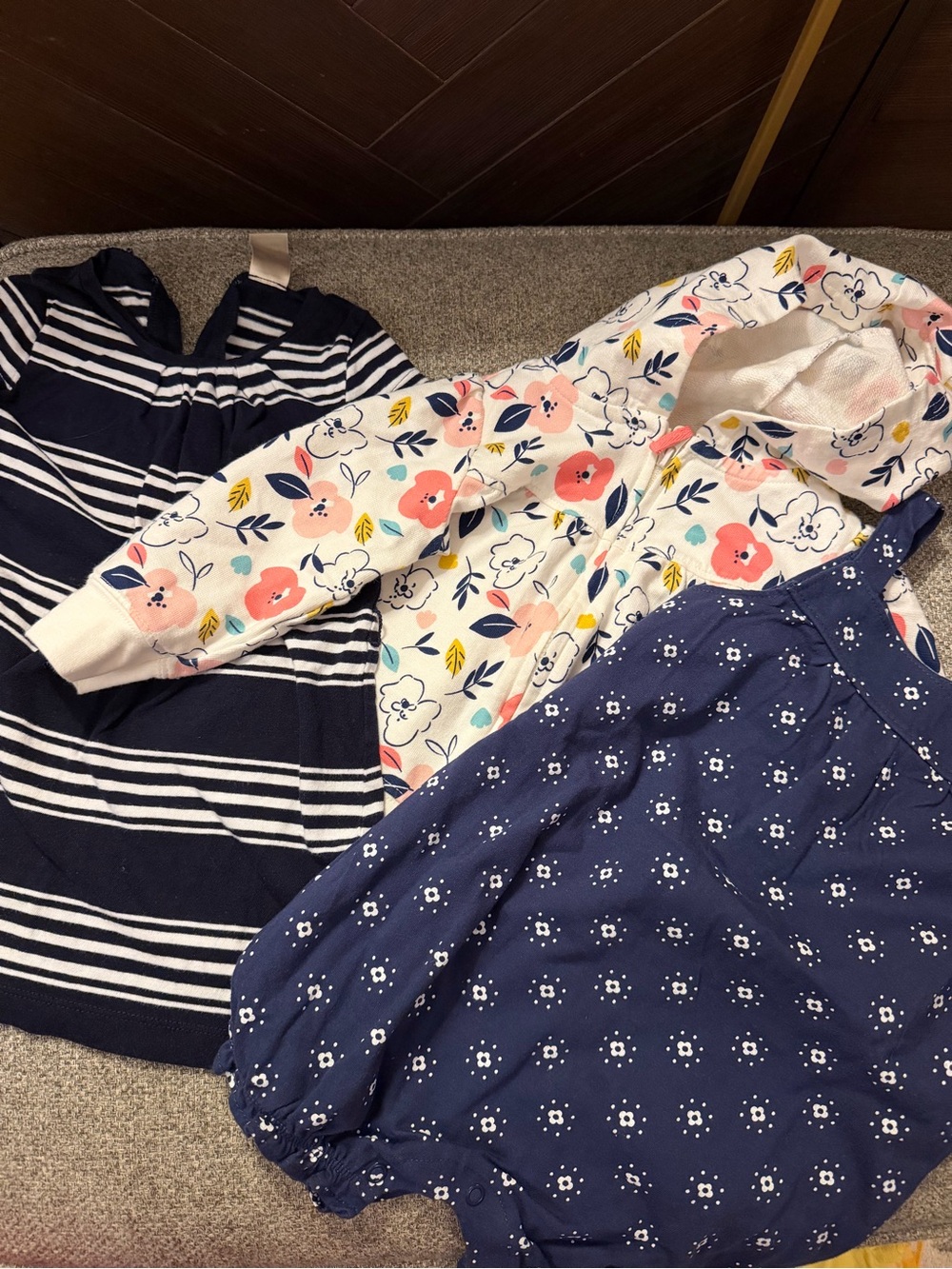 Girls' Navy & Floral Hoodie, Dress, & Sleeveless Short One Piece All tagged 18M